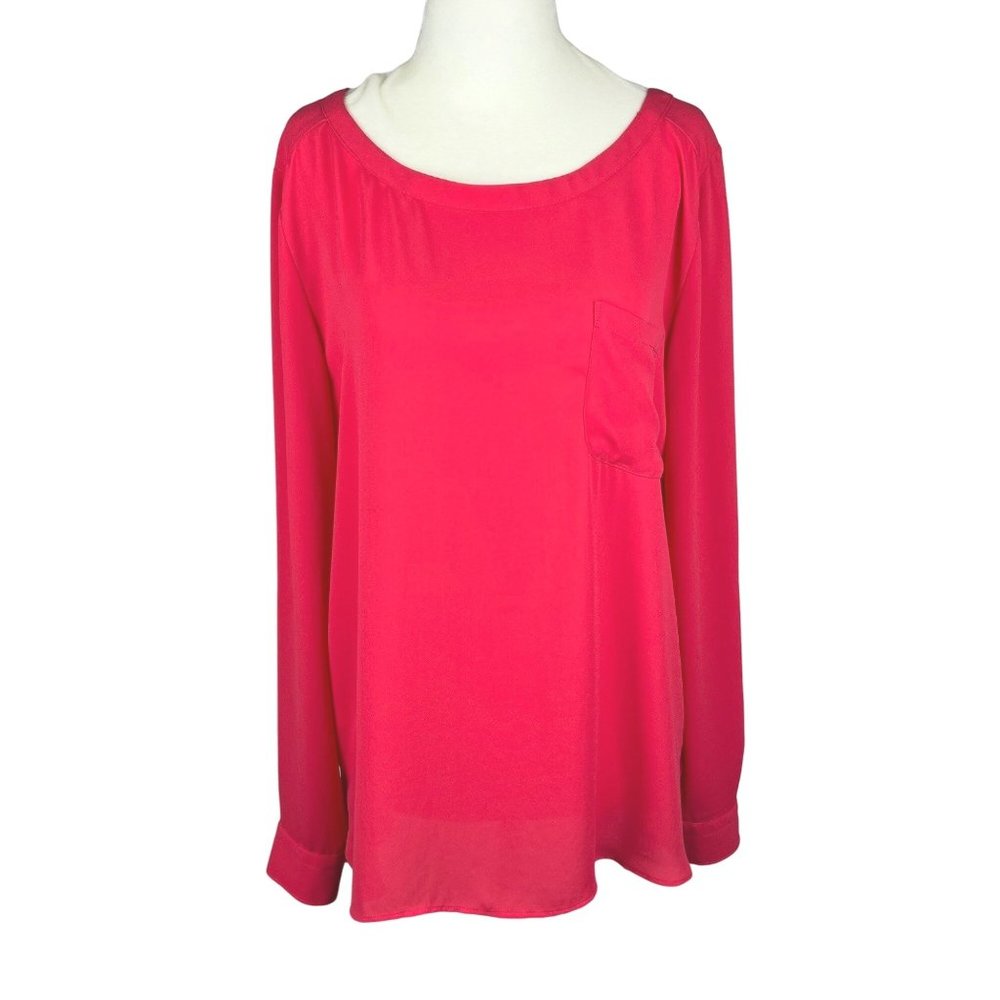 LOFT Pink Chiffon Top Tunic Scoop-Neck Roll-Tab Sleeve Sz. M